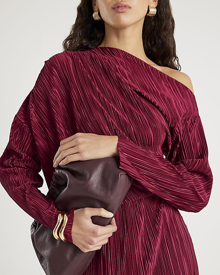 River Island Red Plisse Long Sleeve Midi Dress