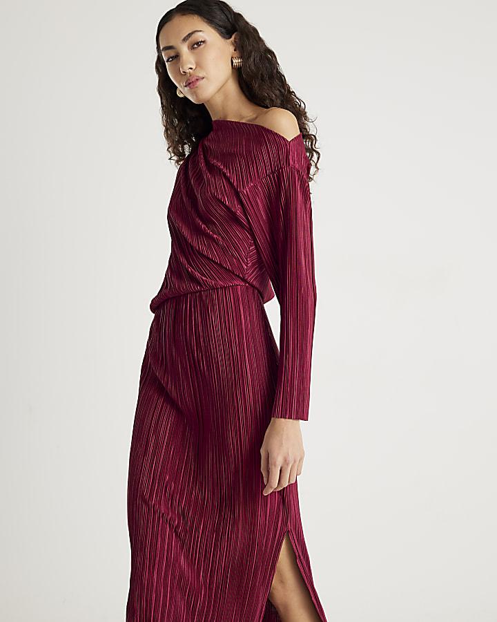River Island Red Plisse Long Sleeve Midi Dress