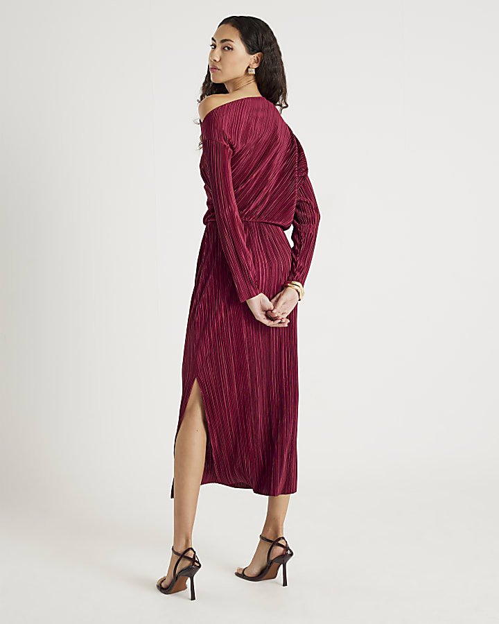 River Island Red Plisse Long Sleeve Midi Dress