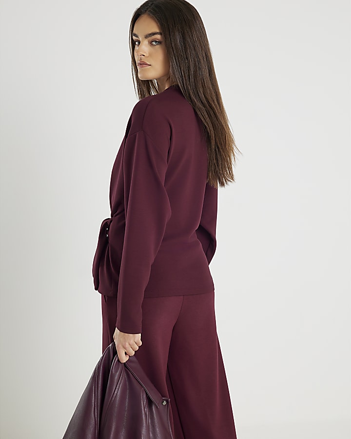 river island Red Premium Long Sleeve Tie Front Top