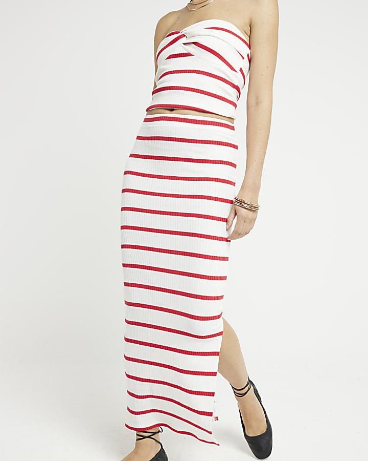 River Island Red Ribbed Stripe Midi Skirt