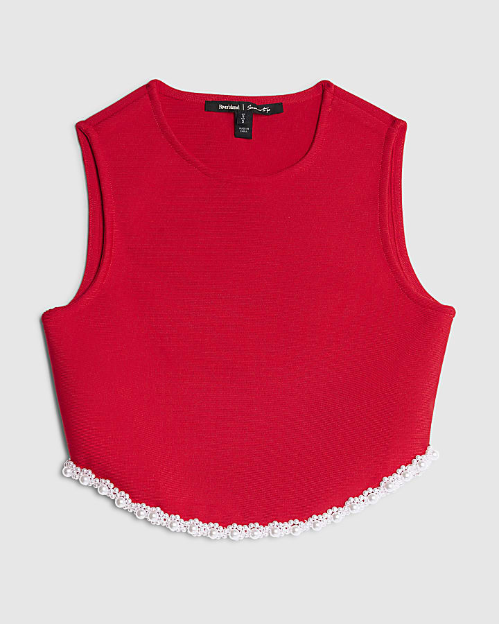 river island Red sleeveless embellished crop top