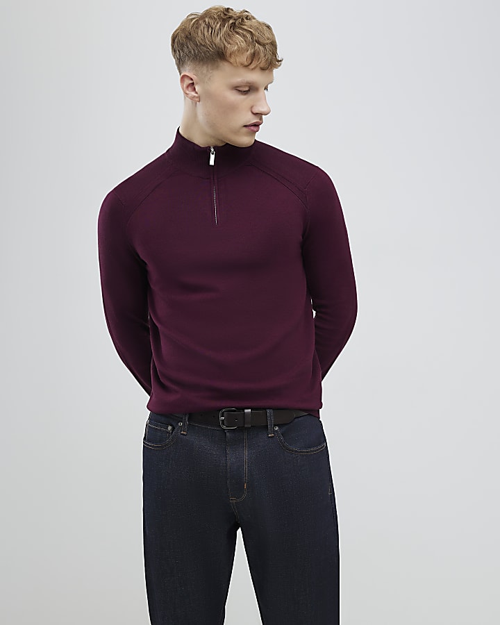 River Island Red Slim Fit Half Zip Jumper