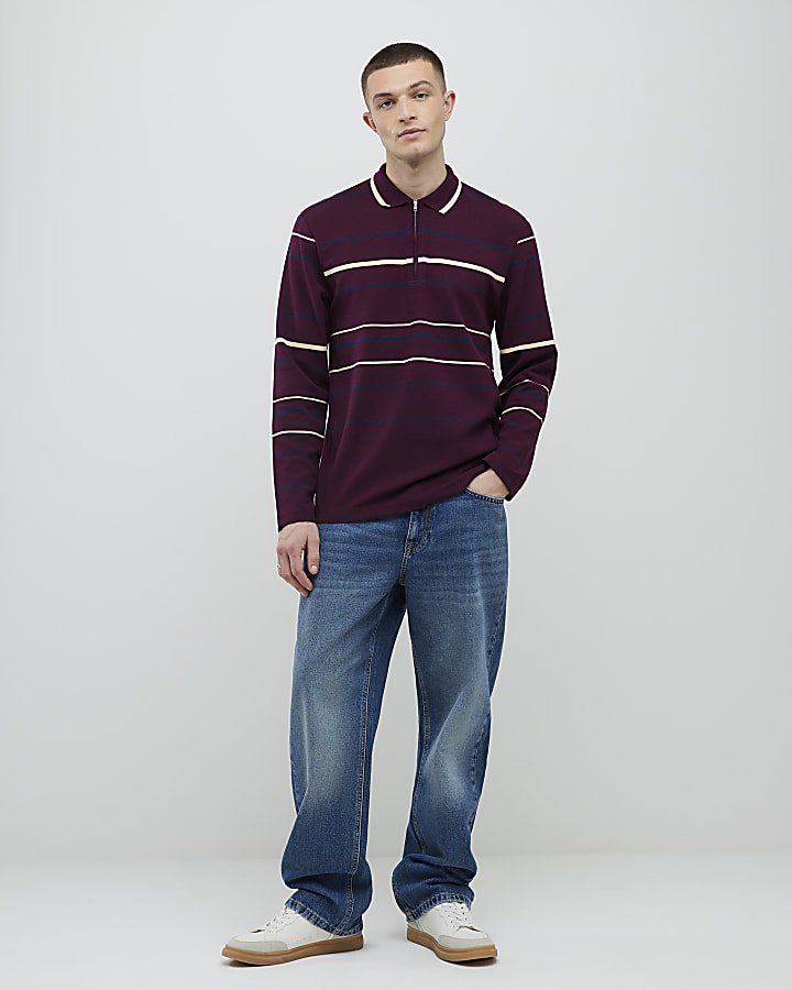 River Island Red Slim Fit Stripe Polo Shirt