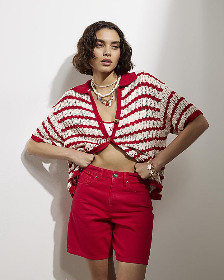 River Island Red Stripe Crochet Polo Top