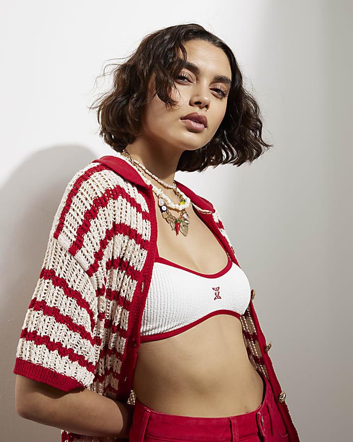 River Island Red Stripe Crochet Polo Top