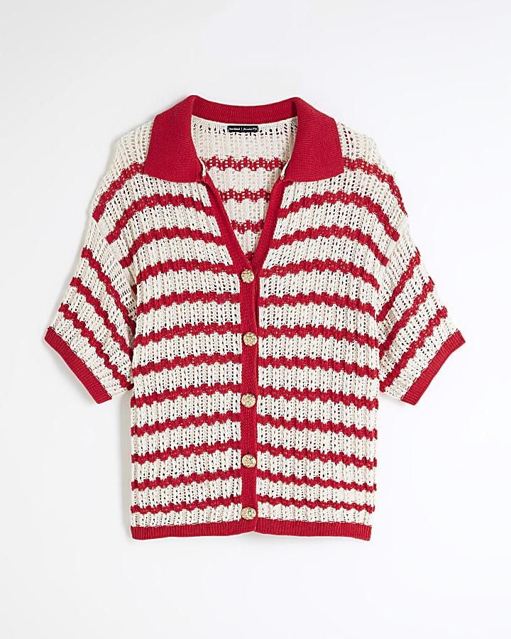 river island Red Stripe Crochet Polo Top