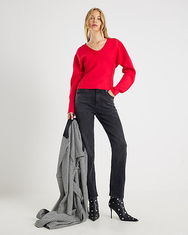 River Island Red Structured Sleeve Knitted Top