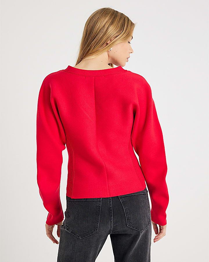 River Island Red Structured Sleeve Knitted Top