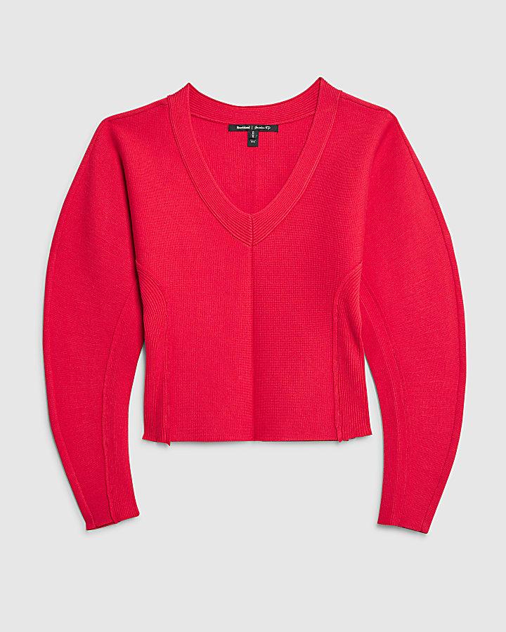 river island Red Structured Sleeve Knitted Top