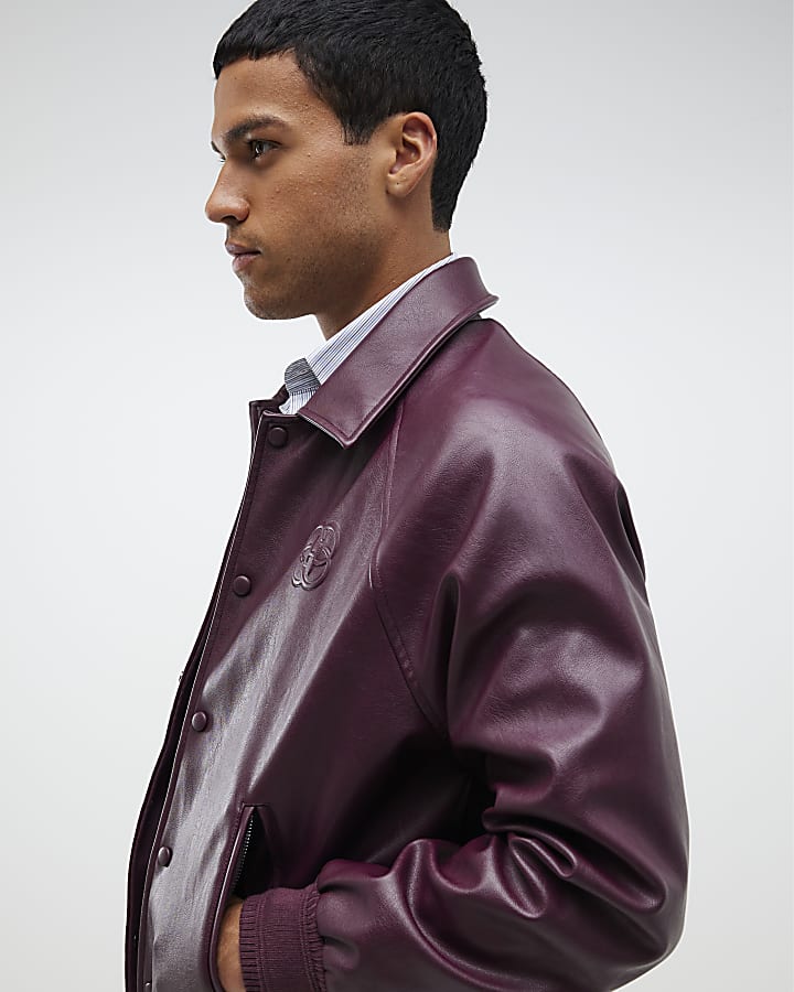 River Island Red Stud Pressed Faux Leather Jacket