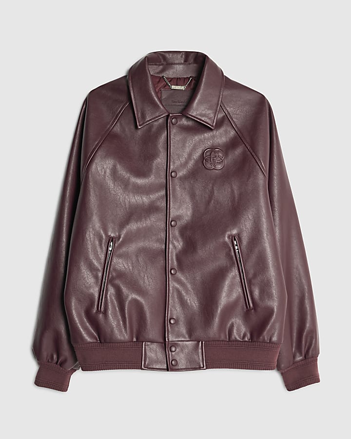 river island Red Stud Pressed Faux Leather Jacket