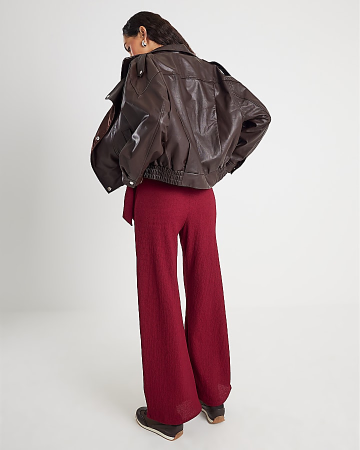 River Island Red Textured Wide Leg Trousers