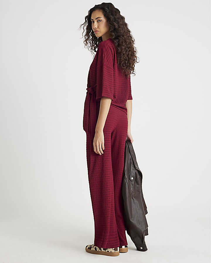 River Island Red Textured Wide Leg Trousers