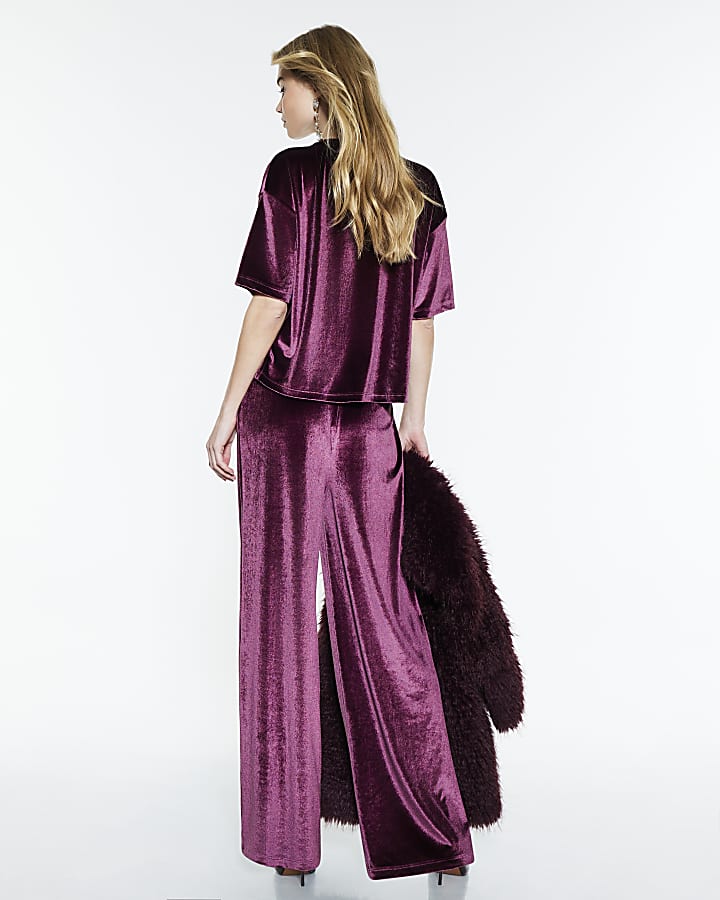 River Island Red Velvet Wide Leg Joggers