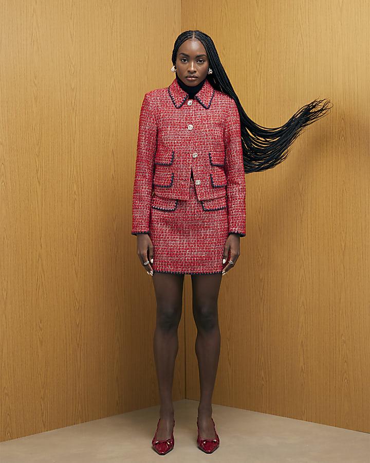 River Island Red Whipstitch Boucle Mini Skirt