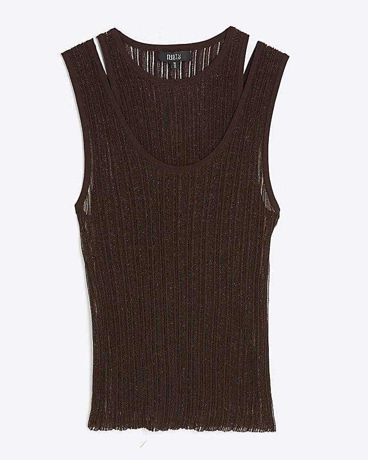 river island RI Studio Brown Layered Sheer Vest