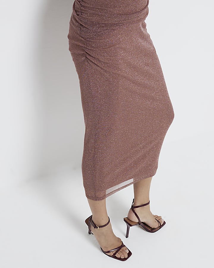River Island Rust Metallic Mesh Midi Skirt
