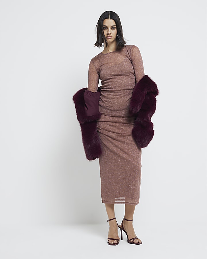 River Island Rust Metallic Mesh Midi Skirt