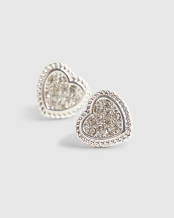 River Island Silver Diamante Heart Stud Earrings