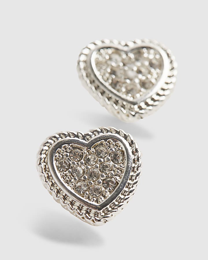 River Island Silver Diamante Heart Stud Earrings