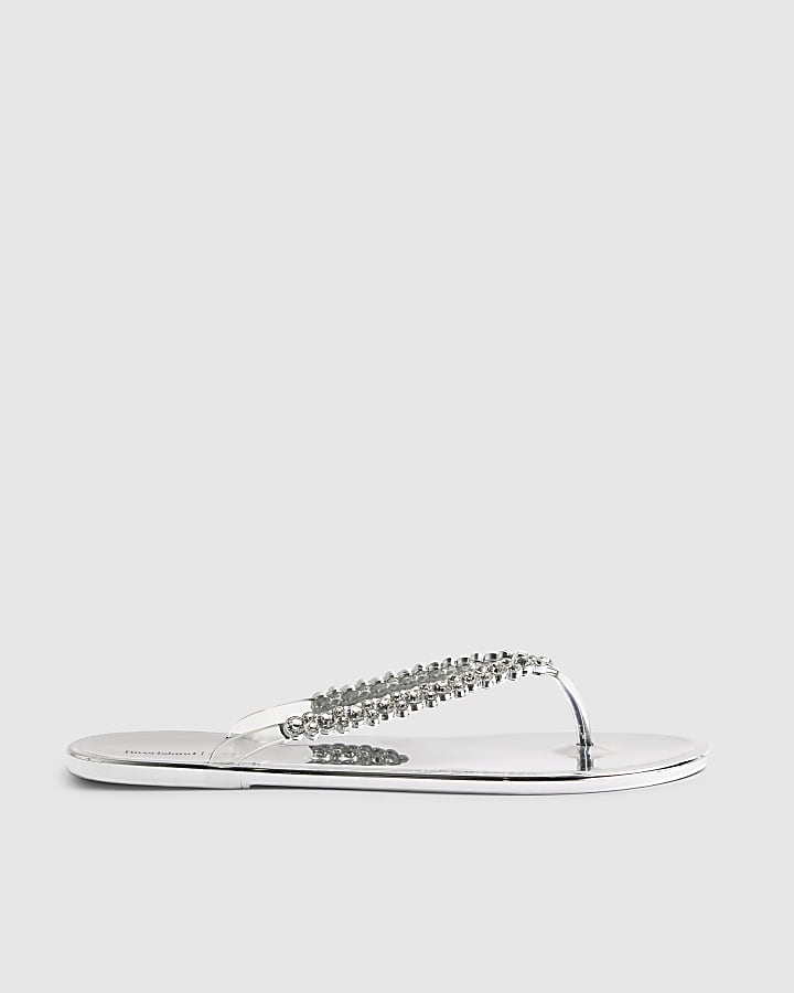 River Island Silver Diamante Jelly Flip Flops