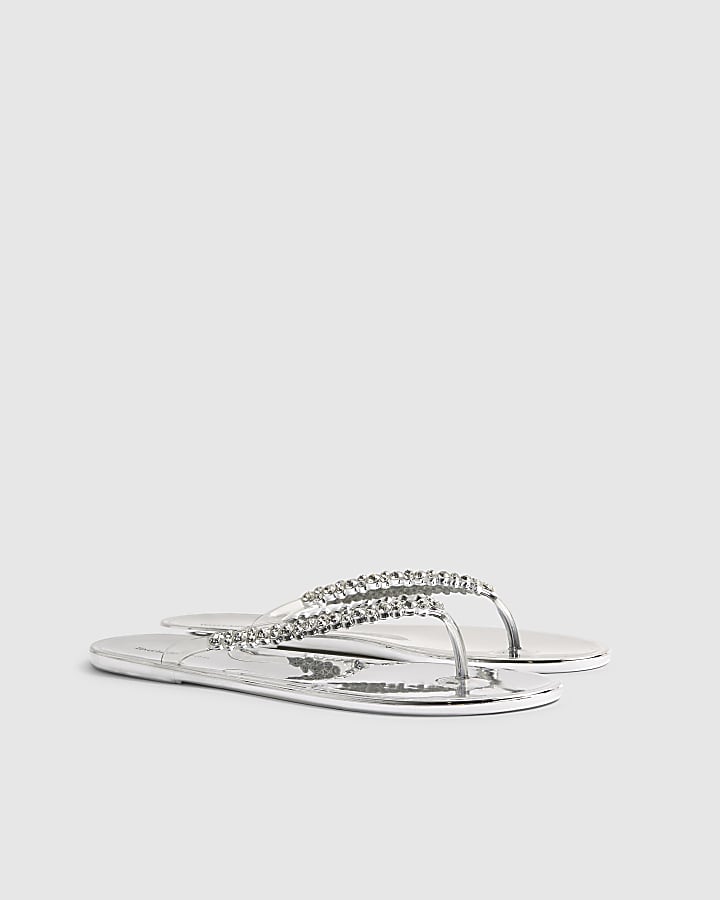 River Island Silver Diamante Jelly Flip Flops