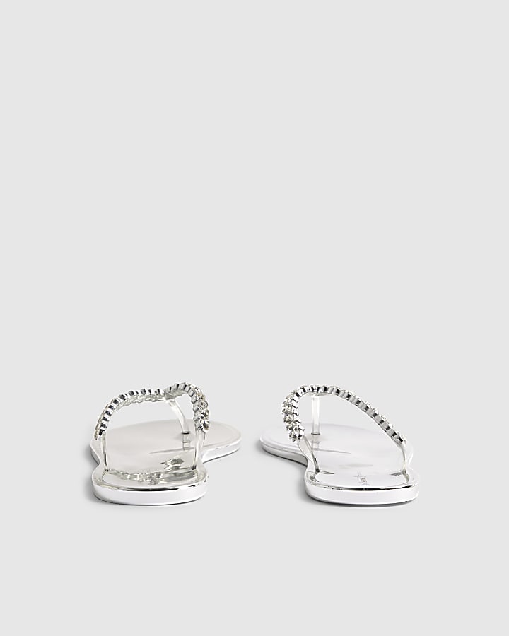 River Island Silver Diamante Jelly Flip Flops