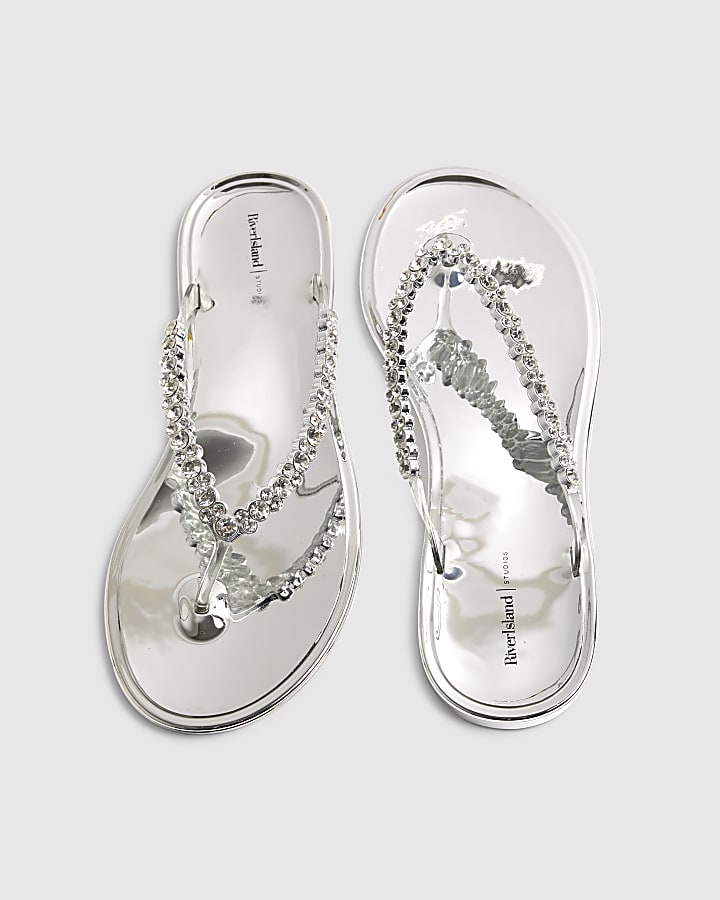 river island Silver Diamante Jelly Flip Flops