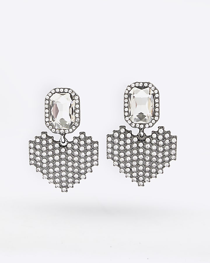 River Island Silver Gunmetal Heart Drop Earrings