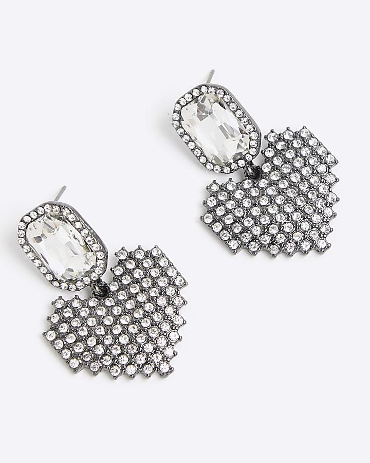 River Island Silver Gunmetal Heart Drop Earrings