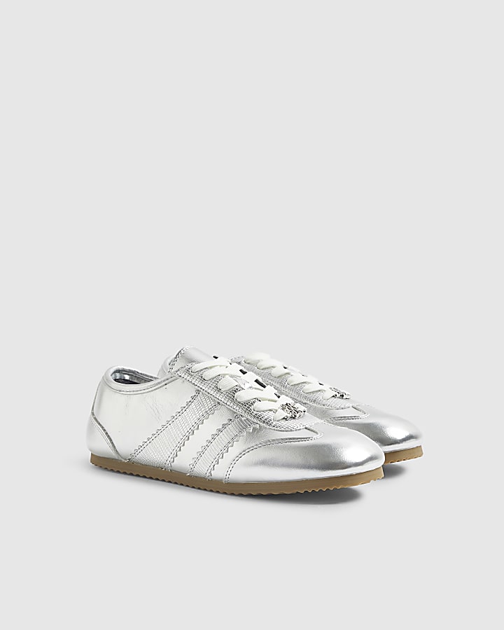 River Island Silver Lace Up Slim Sole Trainers