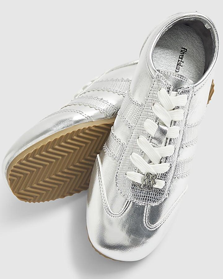 river island Silver Lace Up Slim Sole Trainers
