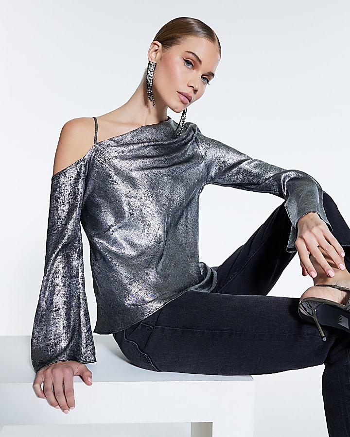 River Island Silver Metallic One Shoulder Top