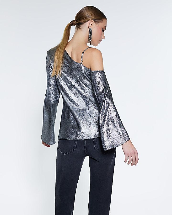 River Island Silver Metallic One Shoulder Top