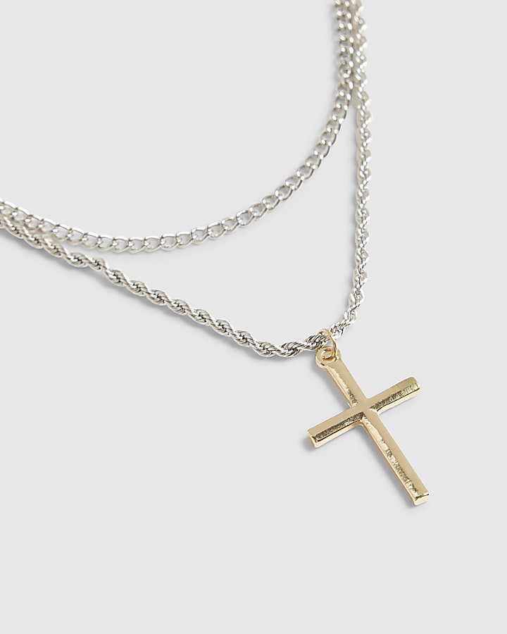 River Island Silver Mixed Metal Cross Necklace