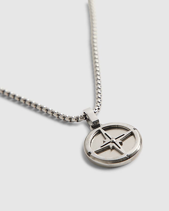 River Island Silver Steel Compass Necklace