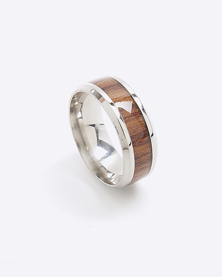 River Island Silver Steel Wood Effect Inlay Ring