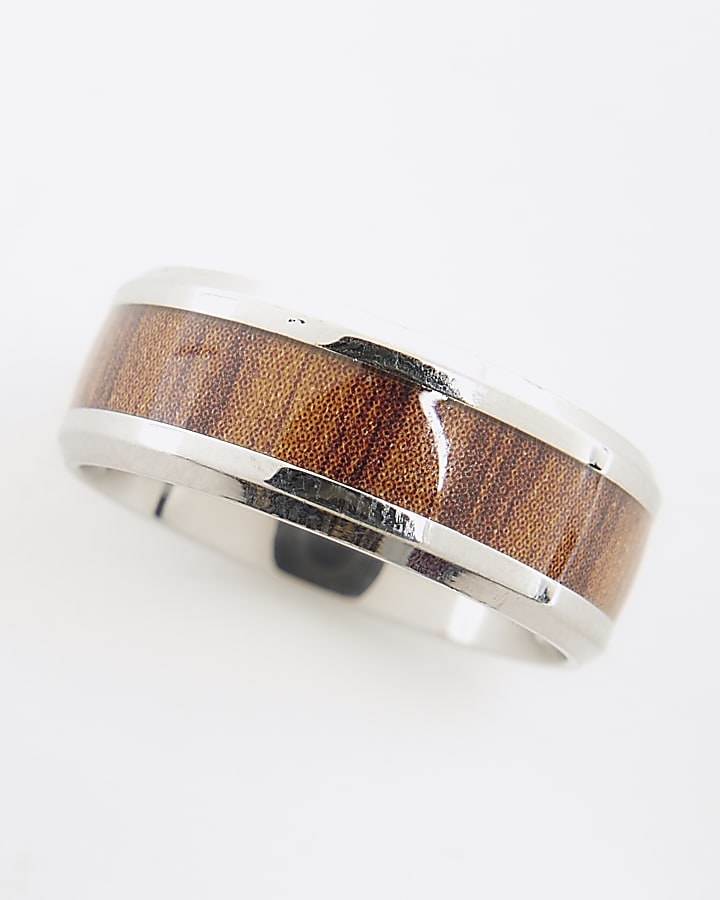 River Island Silver Steel Wood Effect Inlay Ring