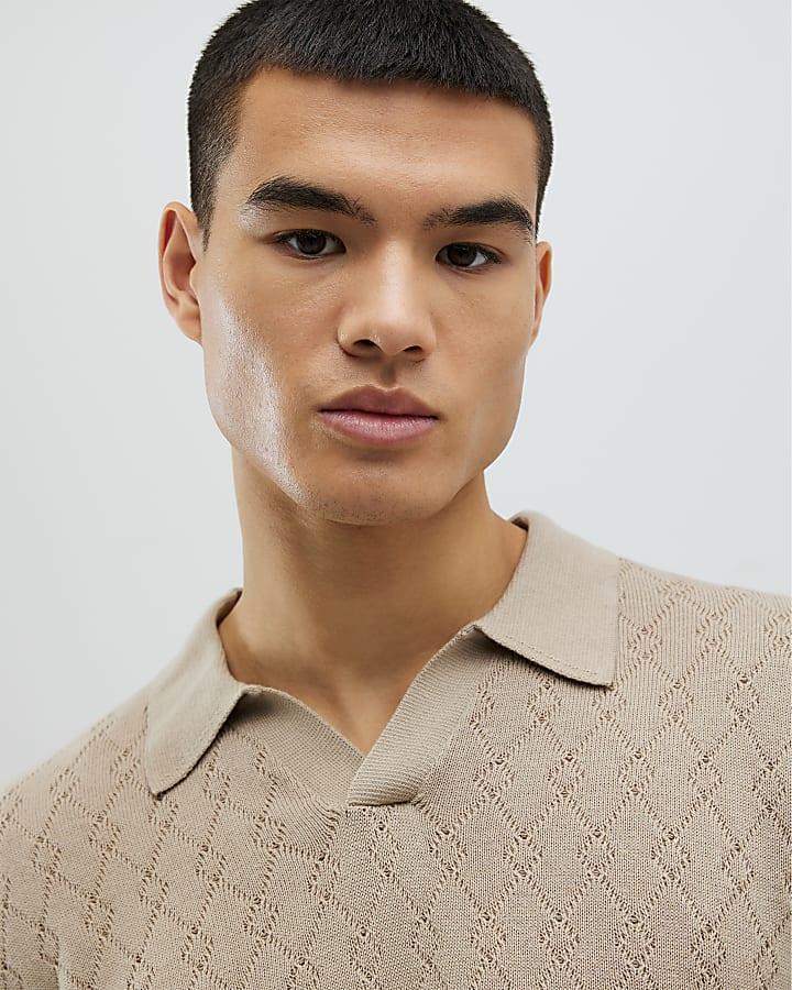 River Island Stone Slim Fit Open Collar Shirt