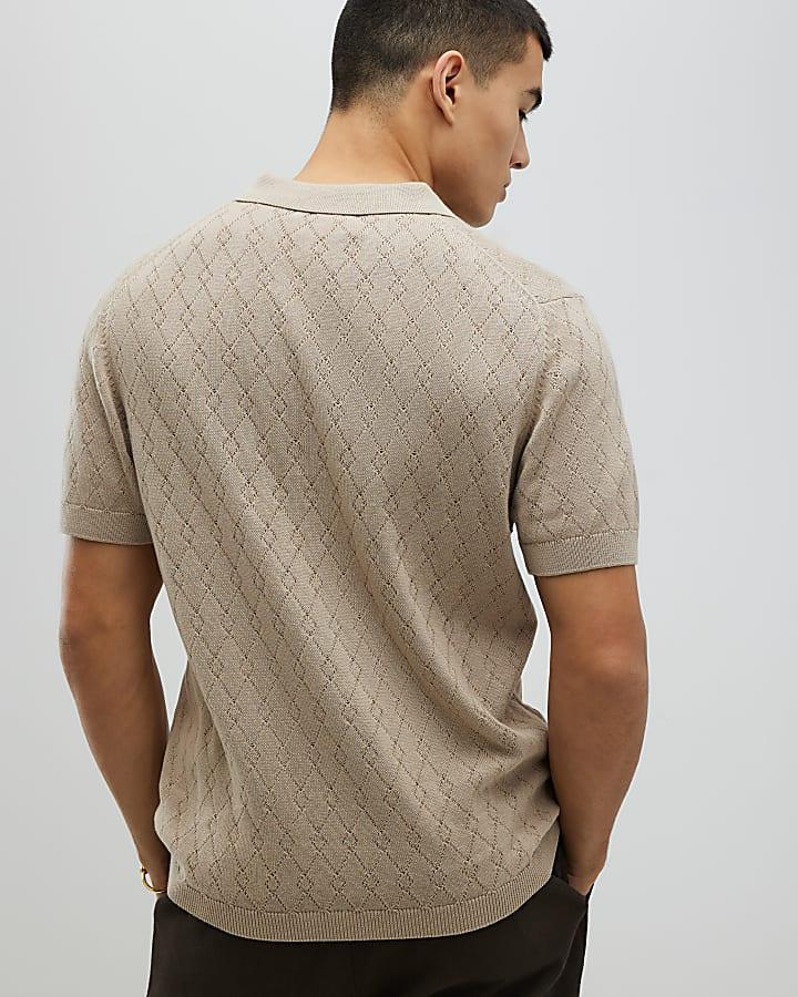 River Island Stone Slim Fit Open Collar Shirt