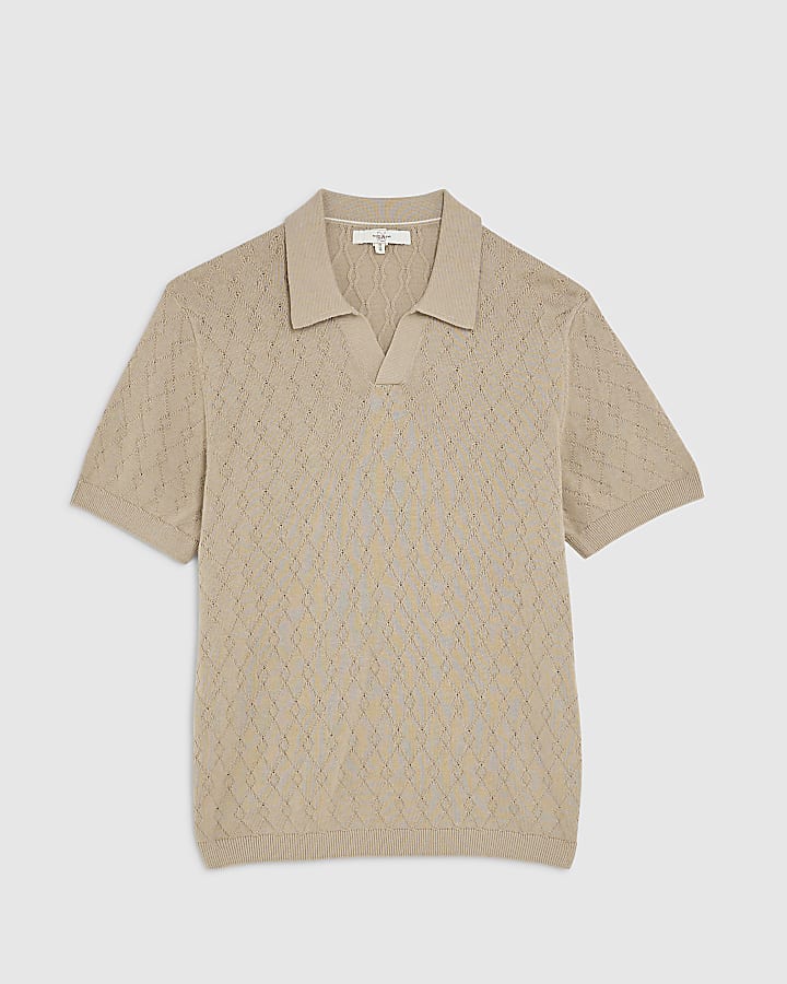 river island Stone Slim Fit Open Collar Shirt