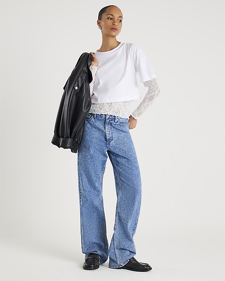 River Island White Boxy Lace Hybrid T-shirt
