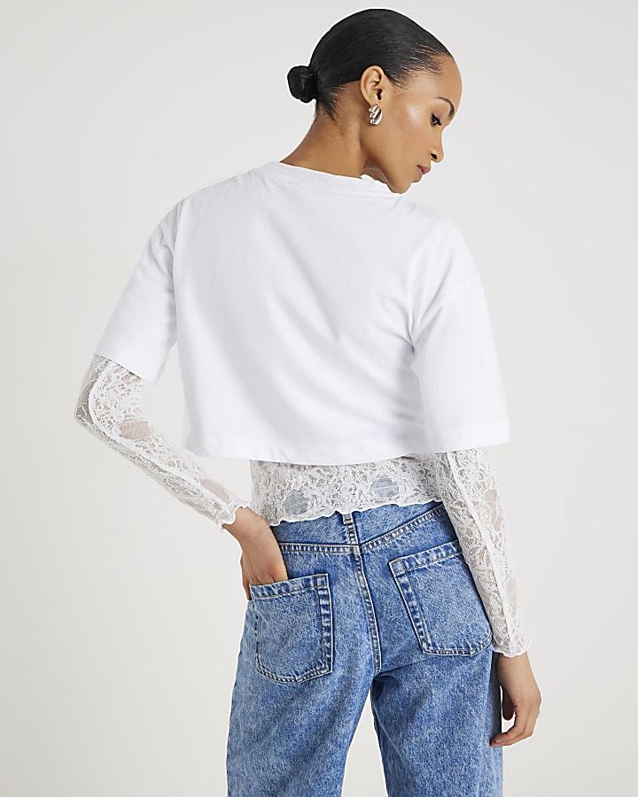River Island White Boxy Lace Hybrid T-shirt