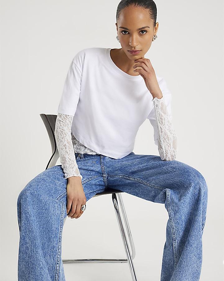 River Island White Boxy Lace Hybrid T-shirt