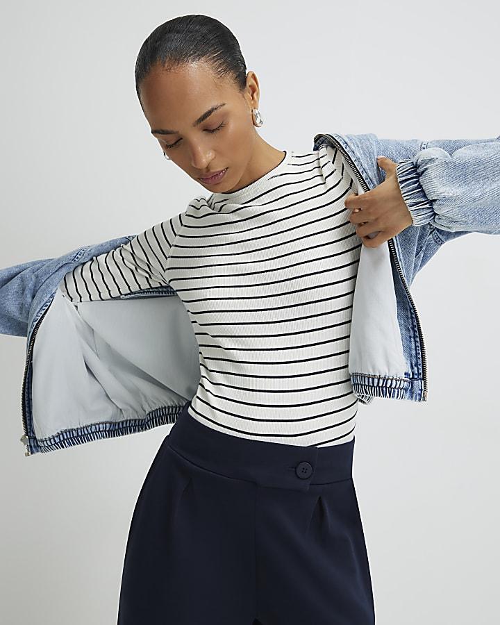 River Island White Crew Neck Ribbed Stripe Top