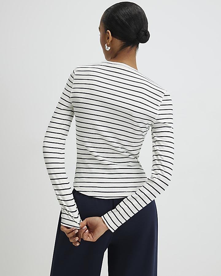 River Island White Crew Neck Ribbed Stripe Top