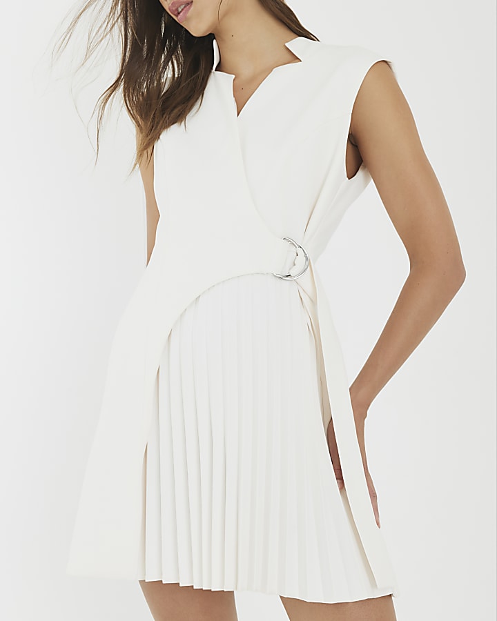 River Island White Curved Panel Pleated Mini Dress
