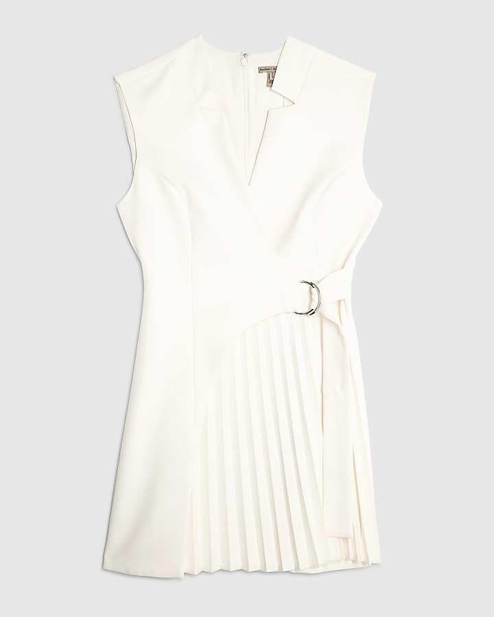 river island White Curved Panel Pleated Mini Dress