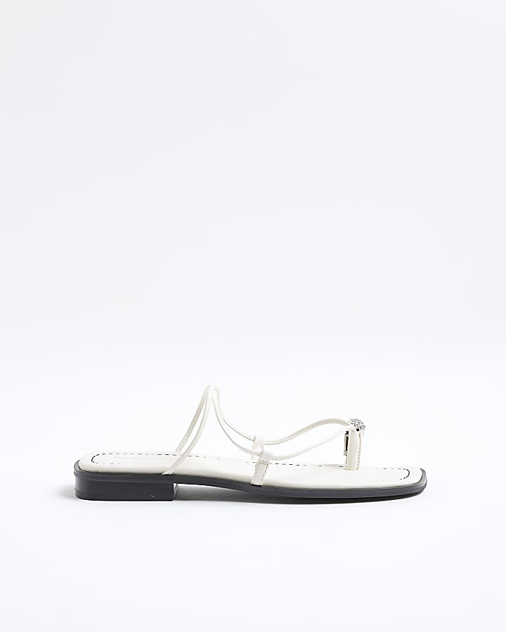 River Island White Diamante Toe Loop Flat Sandals